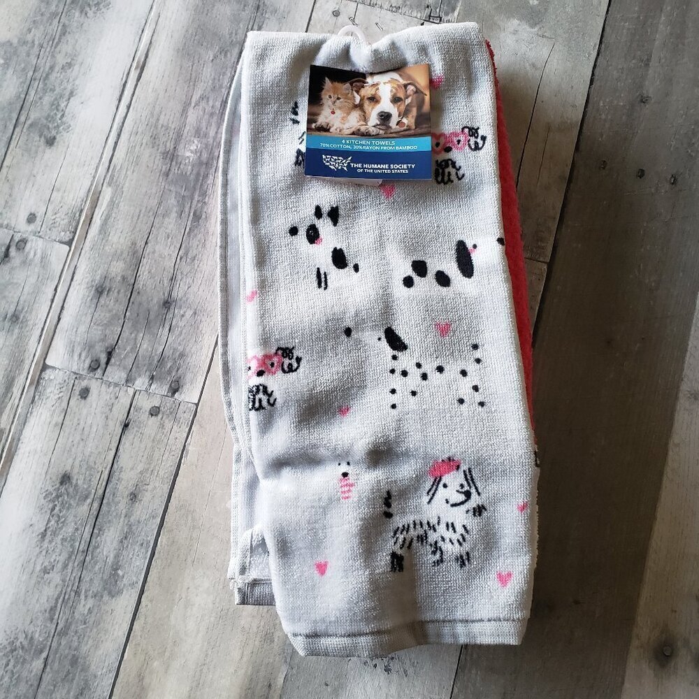 NWT - 4 Kitchen Towels The Humane Society of the US Dog Print and Soilds